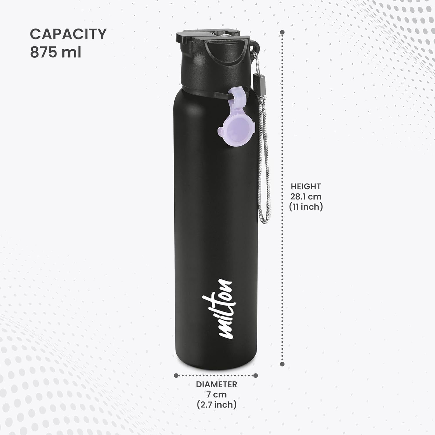 MILTON Sipstar 1000 Stainless Steel Sipper Water Bottle Single Walled Leak Proof Lid, 875 ML, Black