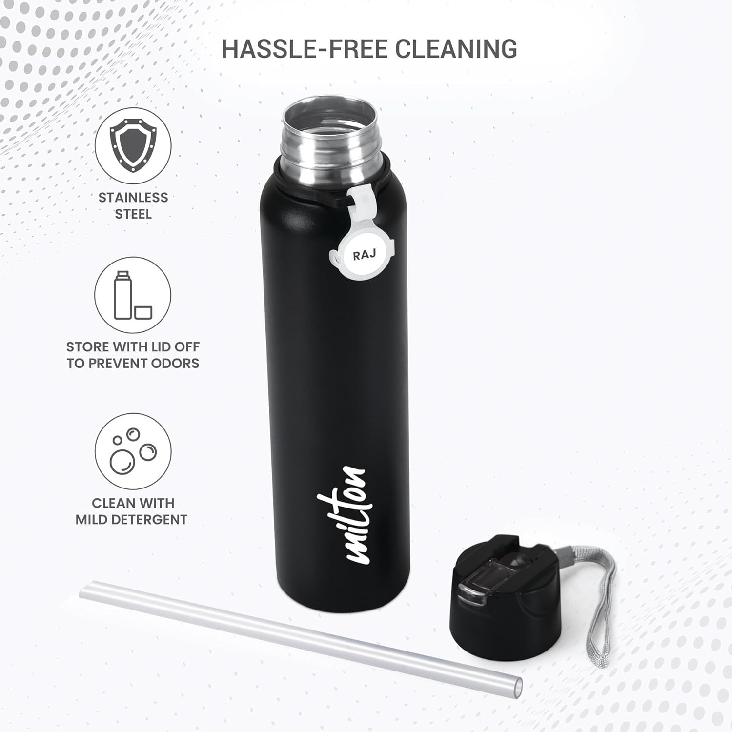 MILTON Sipstar 1000 Stainless Steel Sipper Water Bottle Single Walled Leak Proof Lid, 875 ML, Black