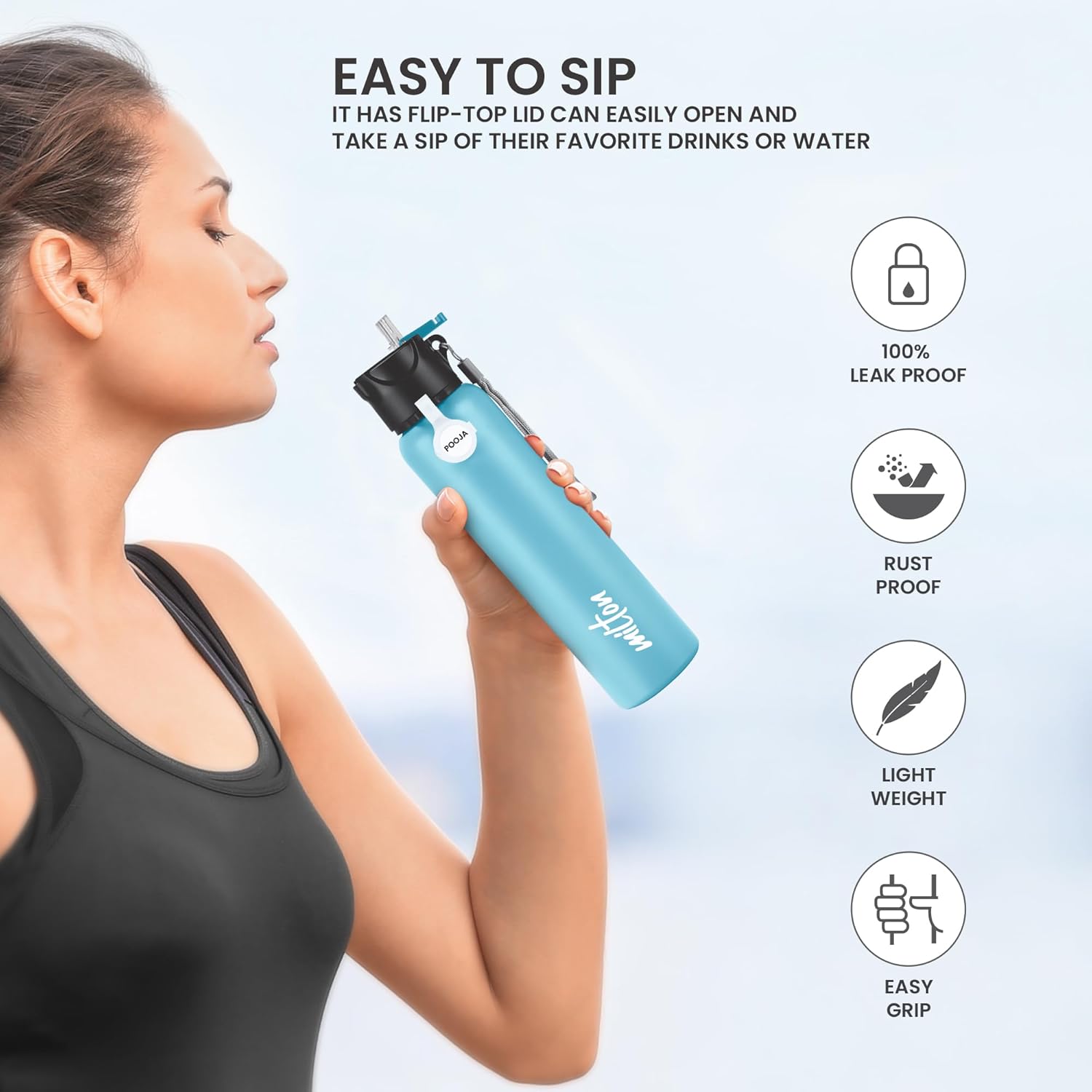 MILTON Sipstar 1000 Stainless Steel Sipper Water Bottle Single Walled Leak Proof Lid, 875 ML, Light Blue