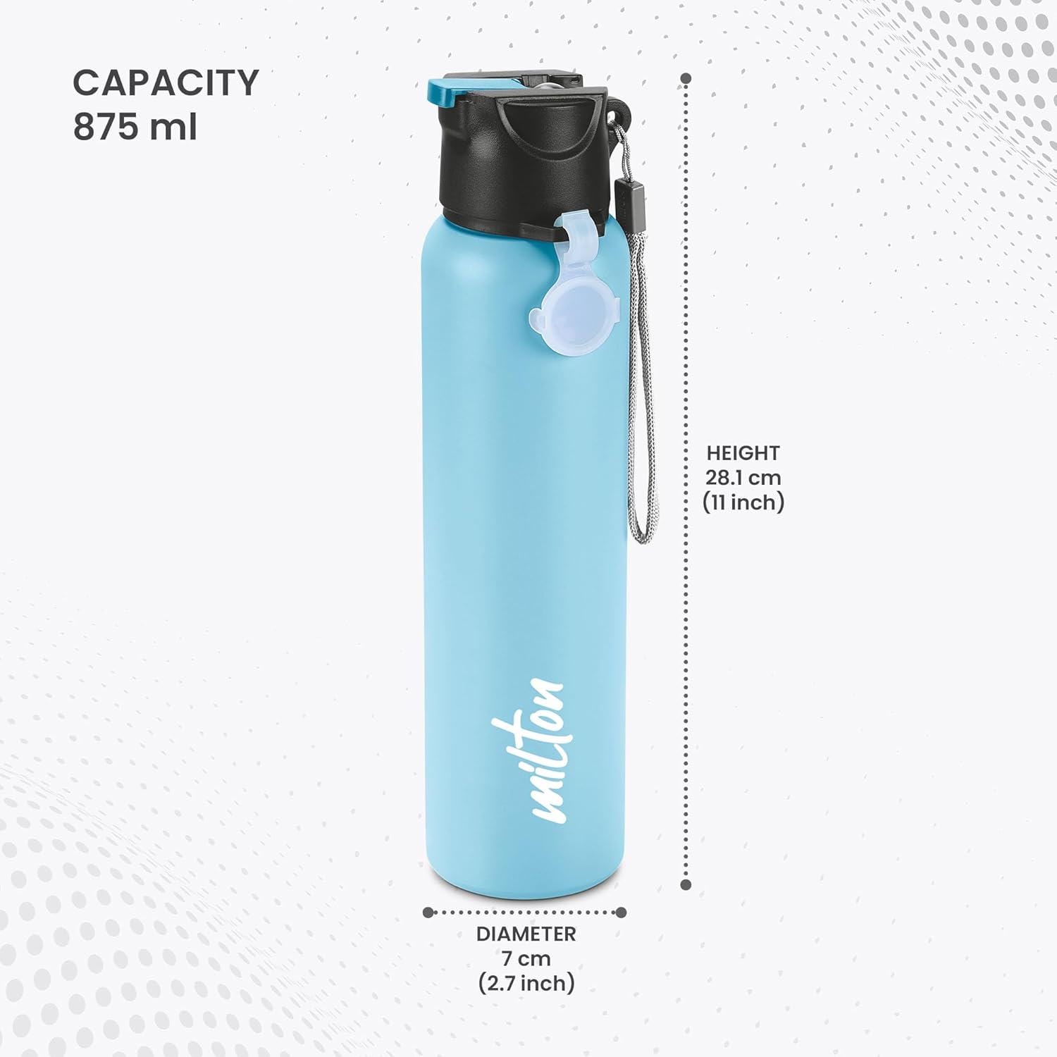 MILTON Sipstar 1000 Stainless Steel Sipper Water Bottle Single Walled Leak Proof Lid, 875 ML, Light Blue