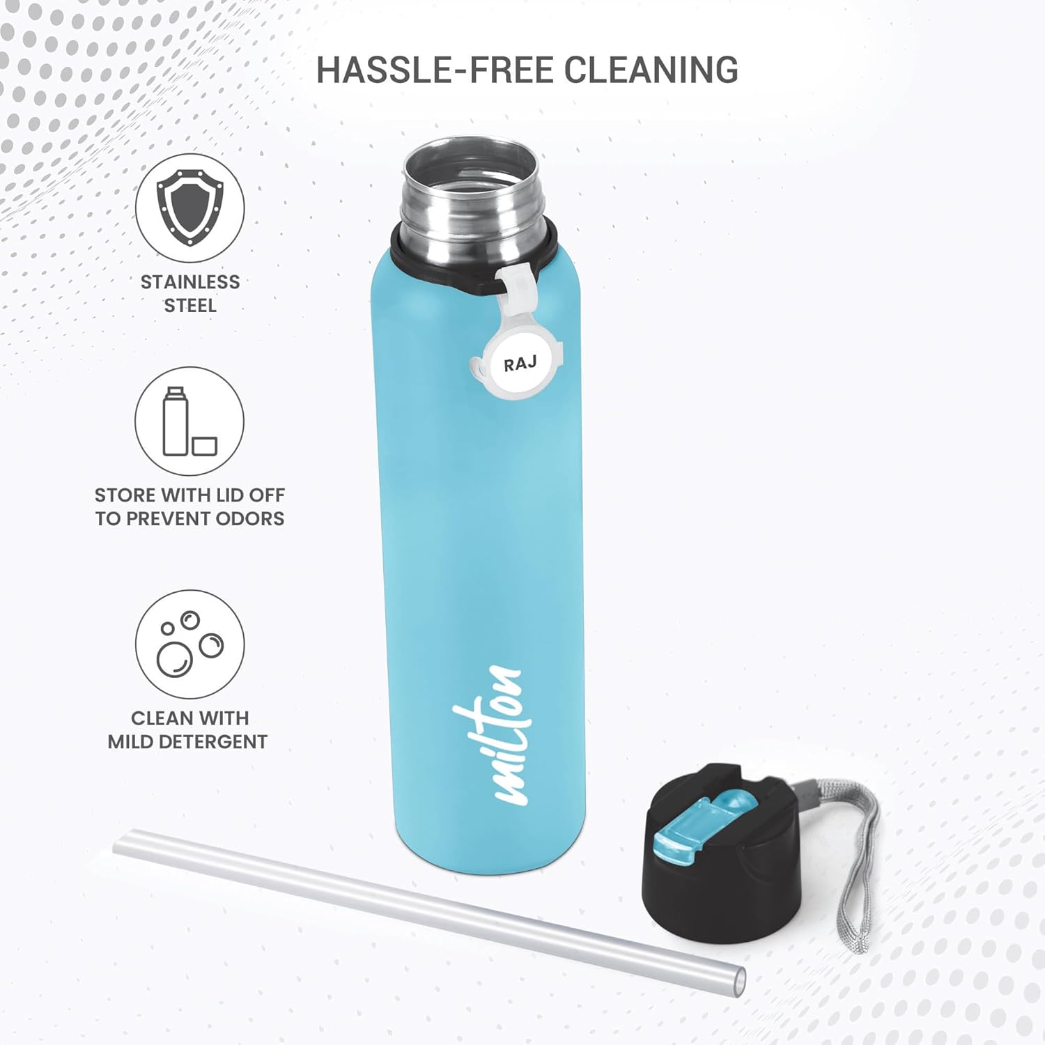MILTON Sipstar 1000 Stainless Steel Sipper Water Bottle Single Walled Leak Proof Lid, 875 ML, Light Blue