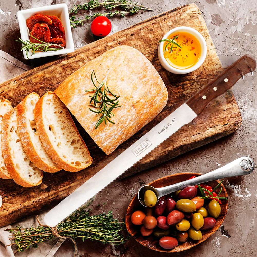 HAZEL Bread Knife For Cutting | 12 Inch Wide Tooth Serrated Bread Cutting Knife with Wooden Handle | Stainless Steel Cake Cutter Slicer Tool