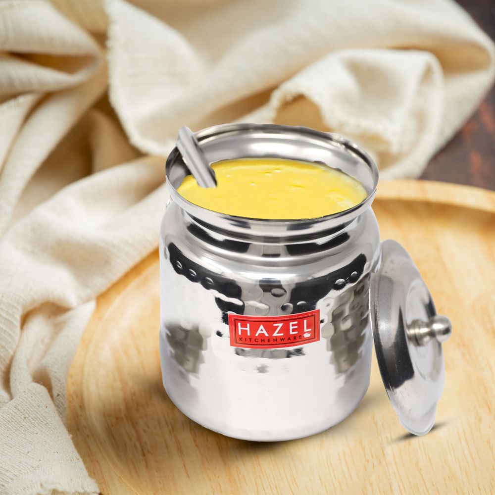 HAZEL Stainless Steel Hammered Oil & Ghee Container with Lid | Ghee Dispenser with Spoon