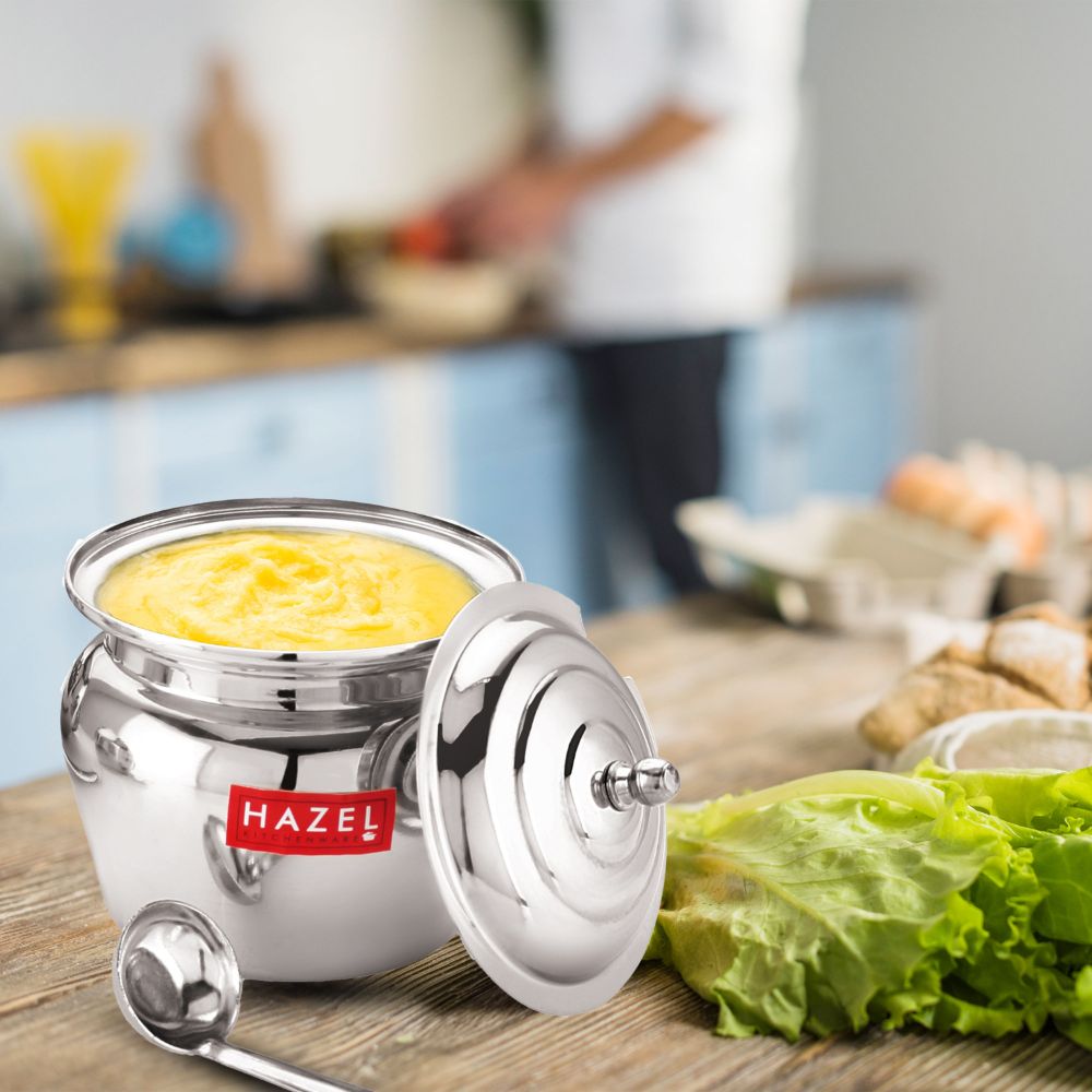 HAZEL Stainless Steel Oil & Ghee Container with Lid | Ghee Dispenser with Spoon