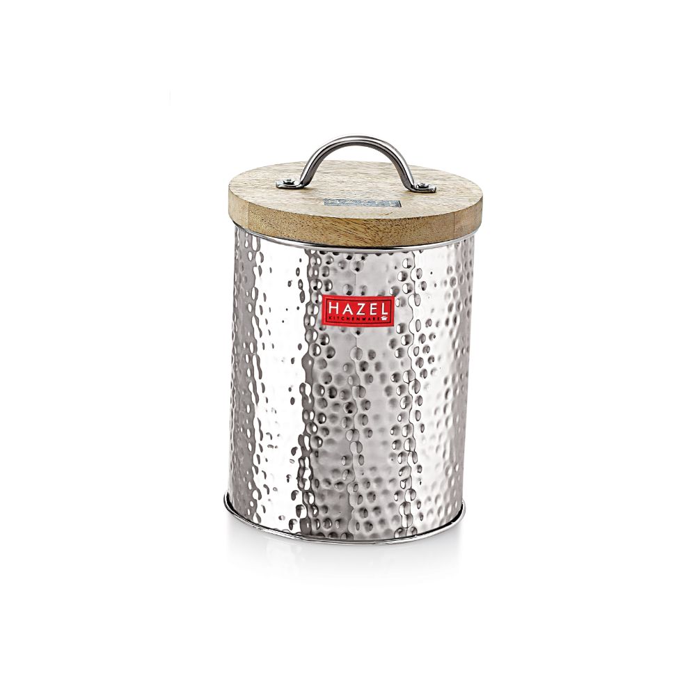 HAZEL Stainless Steel Hammered Finish Storage Jar Container With Wood Lid, 1400 ML, Silver