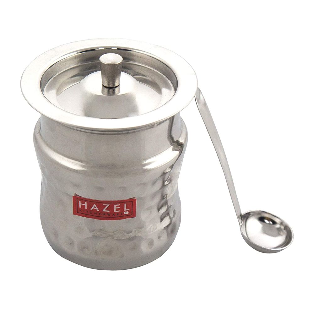 HAZEL Stainless Steel Damaru Hammered Finish Oil Ghee Pot, 300 ml, Silver