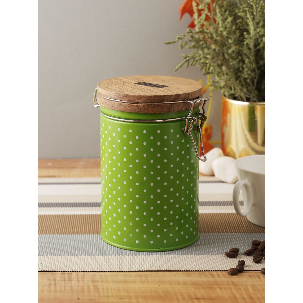 HAZEL Kitchen Container with Clip Lock | Storage Box For Kitchen with Polka Dot Design | Food Grade Kitchen Container with Wooden Lid, 1130 ML, Green