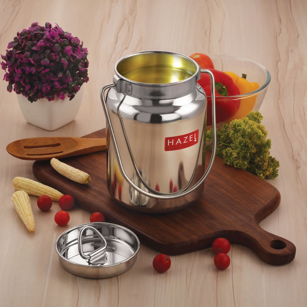 HAZEL Stainless Steel Hammered Oil Dispenser with Lid | Oil Ghee Dani with Spoon