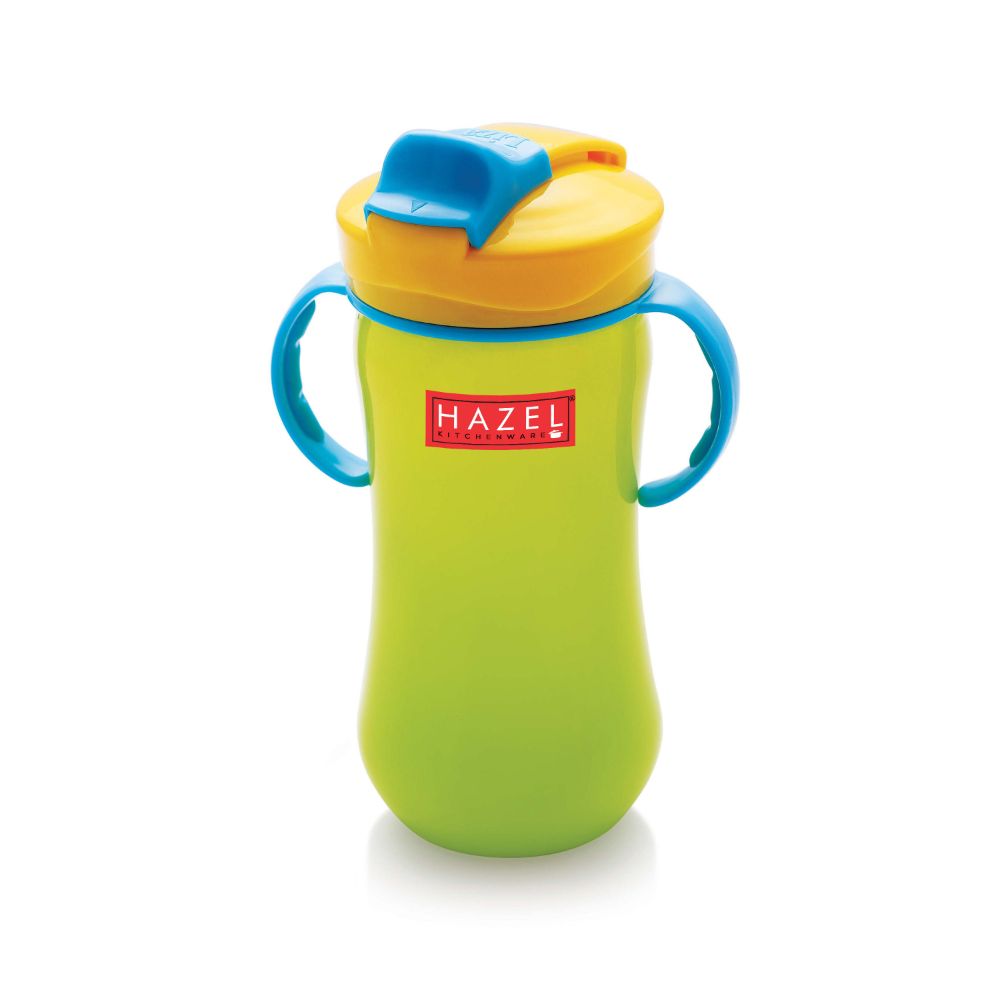 HAZEL Plastic Sipper Water Bottle With Smart Lock for Kids | Food Grade Plastic Bottle With Straw | Smart Bottle | Children Drink Bottle for kids, 450 ML, Green