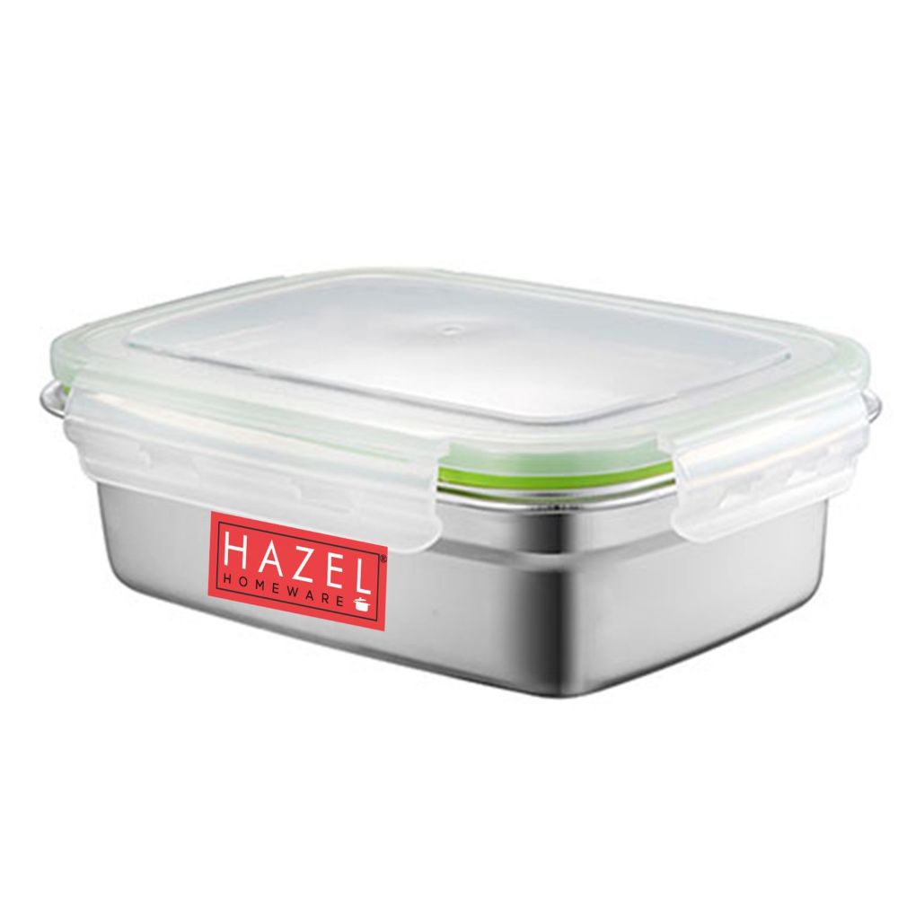 HAZEL Stainless Steel Lunch Box | Airtight Container Leak Proof Tiffin Box | Microwave Safe Containers | Rectangle Food Storage Container For Kitchen Airtight Dabba, 550 ML, Silver
