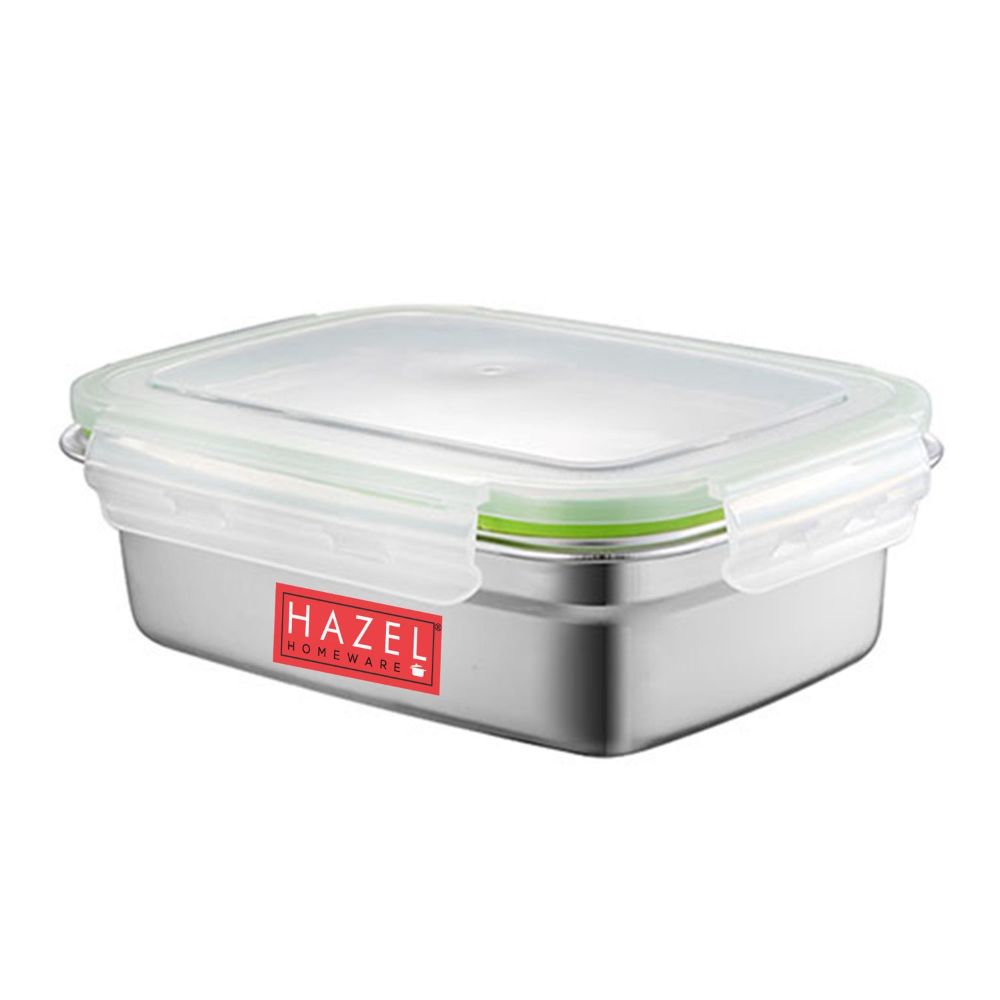 HAZEL Stainless Steel Lunch Box | Microwave Safe Containers | Airtight Container Leak Proof Tiffin Box | Rectangle Food Storage Container For Kitchen Airtight Dabba, 850 ML, Silver