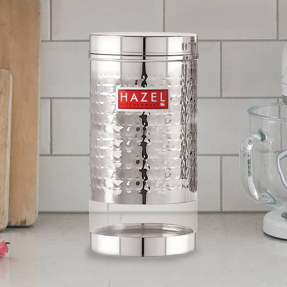 HAZEL Stainless Steel Container For Kitchen Storage Hammered Finish Transparent See Through Glossy Storage Jar Dabba, Set of 1, 1700 ML, Silver