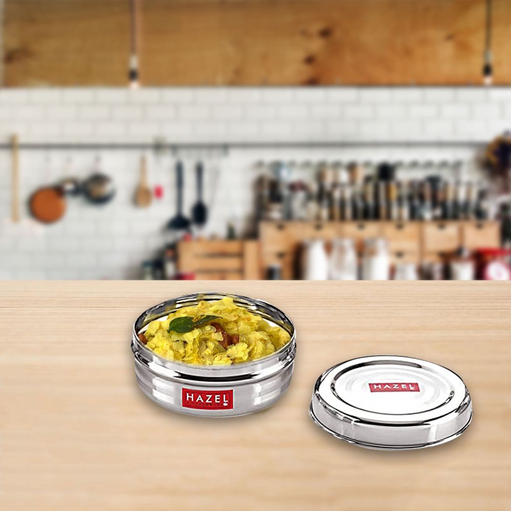 HAZEL Small Stainless Steel Container | Round Container For Kitchen | Container For Kitchen Storage| Small Steel Dabba of Capacity 550 ml
