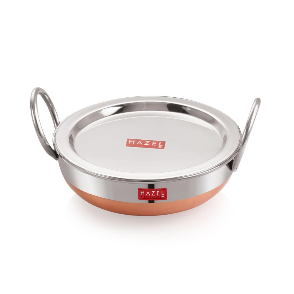 HAZEL Stainless Steel Kadai with Lid | Copper Bottom Utensil, Capacity of 1Ltr I 18 Gauge Vessel, Silver & Copper I Ideal for Daily Use