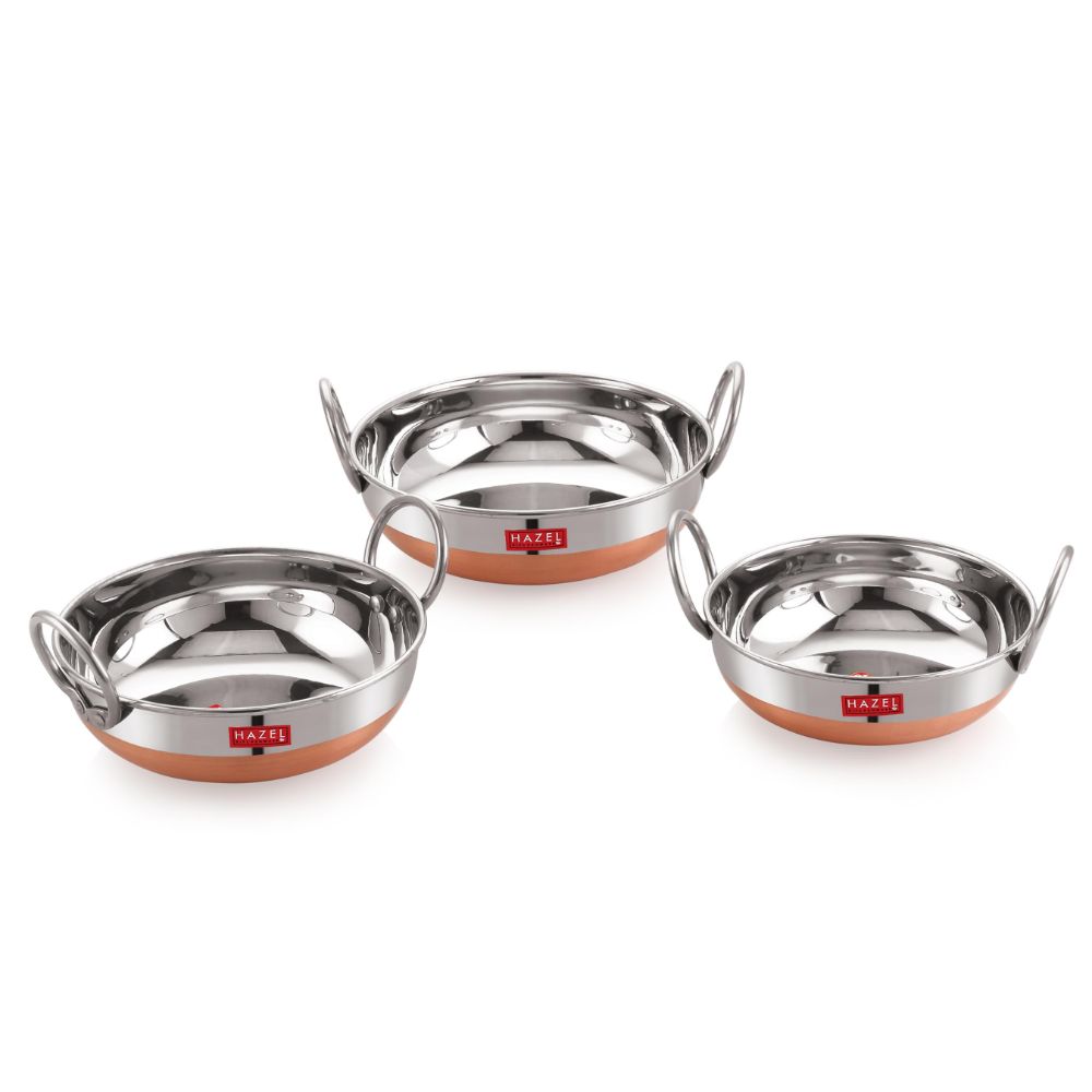 HAZEL Stainless Steel Kadai Without Lid | Copper Bottom Utensil, Set of 3 Capacity of 1 LTR, 1.5 LTR, 1.8 LTR I Premium 18 Gauge Vessel, Silver & Copper I Ideal for Daily Usage