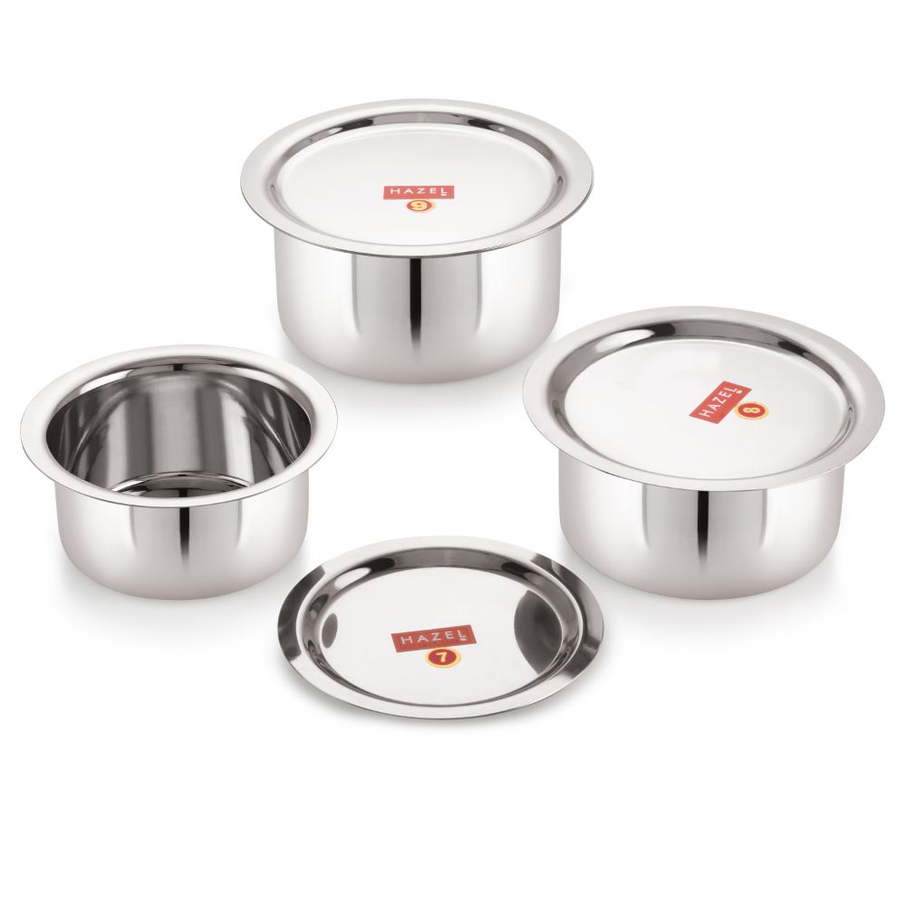HAZEL Stainless Steel Tope with Premium Heavy Gauge Round | Bhagona for boiling set of 3