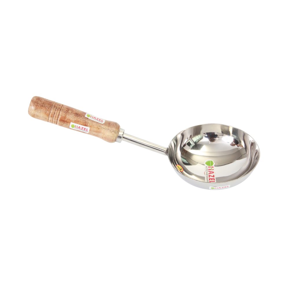 HAZEL Steel Jumbo Tadka Pan with Short Wooden Handle, 36 cm, 400 ml, Silver
