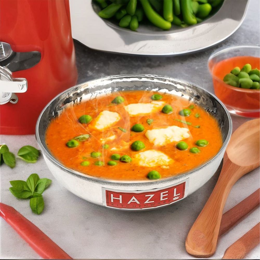 HAZEL Stainless Steel Kadai Without Handle, 18 cm | Hammered Round Bottom Tasra Kadhai Cookware for Daily Usage, 1000 ML
