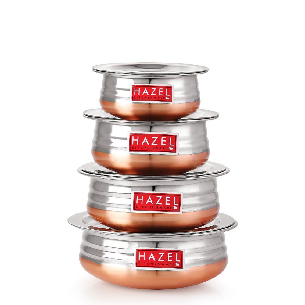 HAZEL Copper Bottom Urli Handi Set with Lid Cover| Premium Stainless Steel Cookware Set | Serving Cooking Tope Bowl for Kitchen | Copper Bottom Vessels for Cooking, 4 Piece