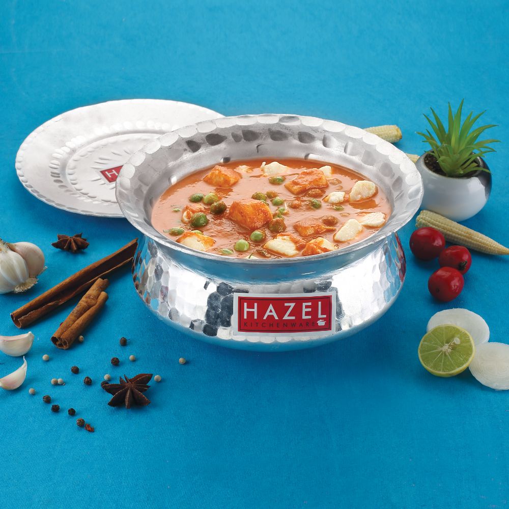 HAZEL Aluminium Hammered Finish Handi with Lid Biryani Rice Cooking Pot Dhari Patiya Tope Patila Vessel, 19 cm, 1300 ML Silver