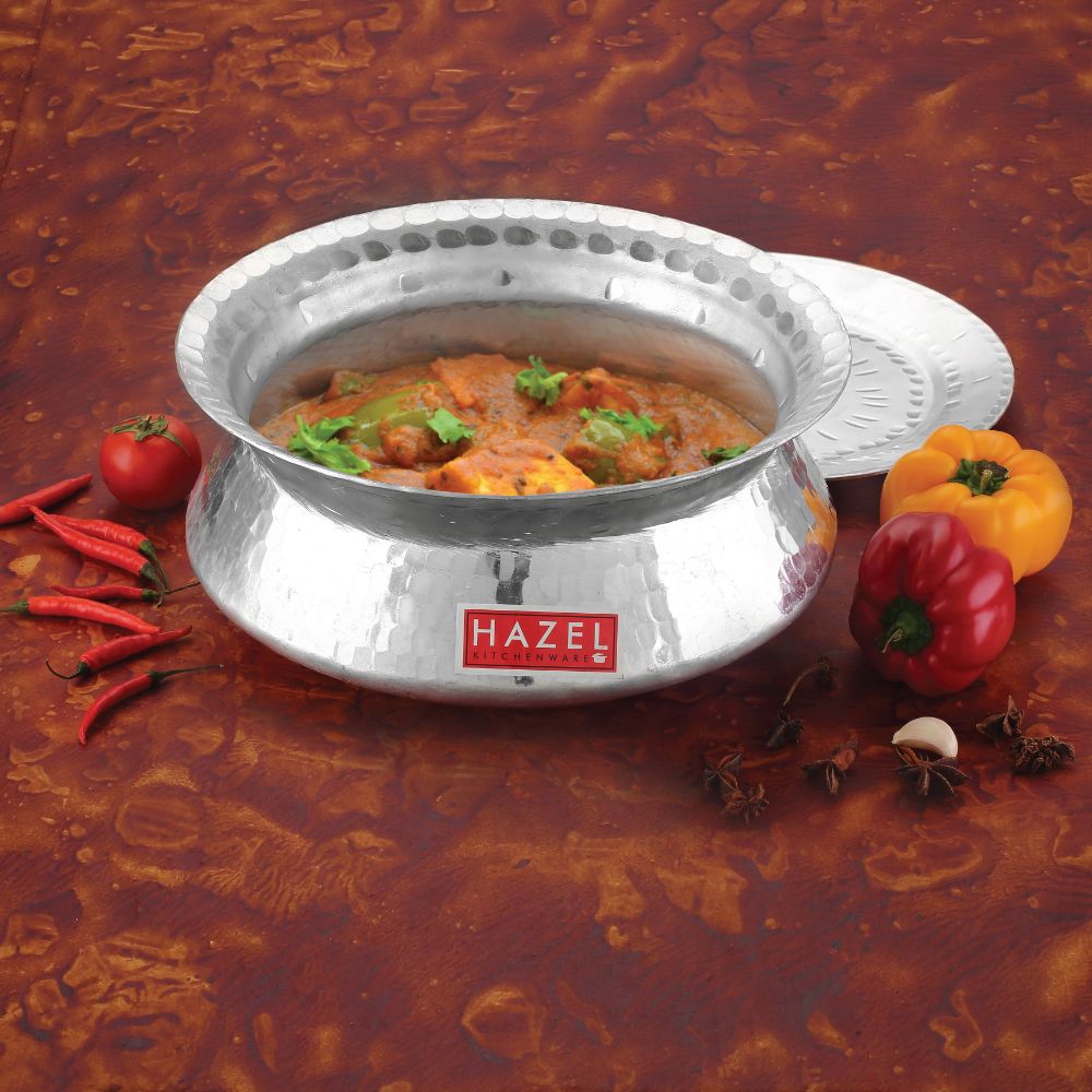 HAZEL Aluminium Hammered Finish Handi with Lid Biryani Rice Cooking Pot Dhari Patiya Tope Patila Vessel, 27.5 cm, 5600 ML Silver