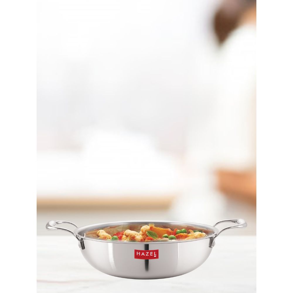 HAZEL Triply Stainless Steel Kadai | Triply Kadai Steel, 1.5 litres | Induction Bottom Triply Cookware for Gas and Induction Cooktop | Multipurpose Kadai, Ideal for Daily Use