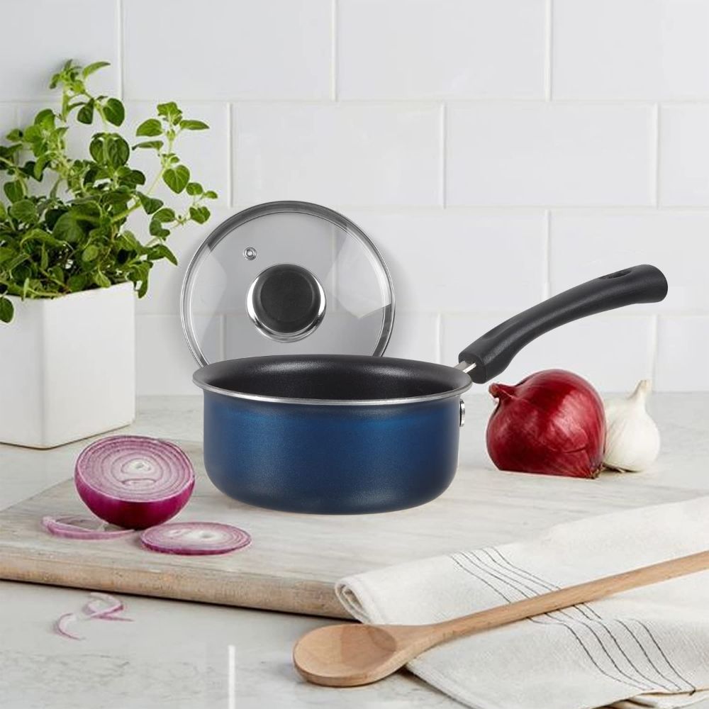 Vinod Zest Non-Stick Saucepan with Glass Lid 1.4 litres Capacity (14 cm Diameter) with Triple Riveted Sturdy Bakelite Handle (Gas Stove Compatible), PFOA Free-3mm Thickness, Blue