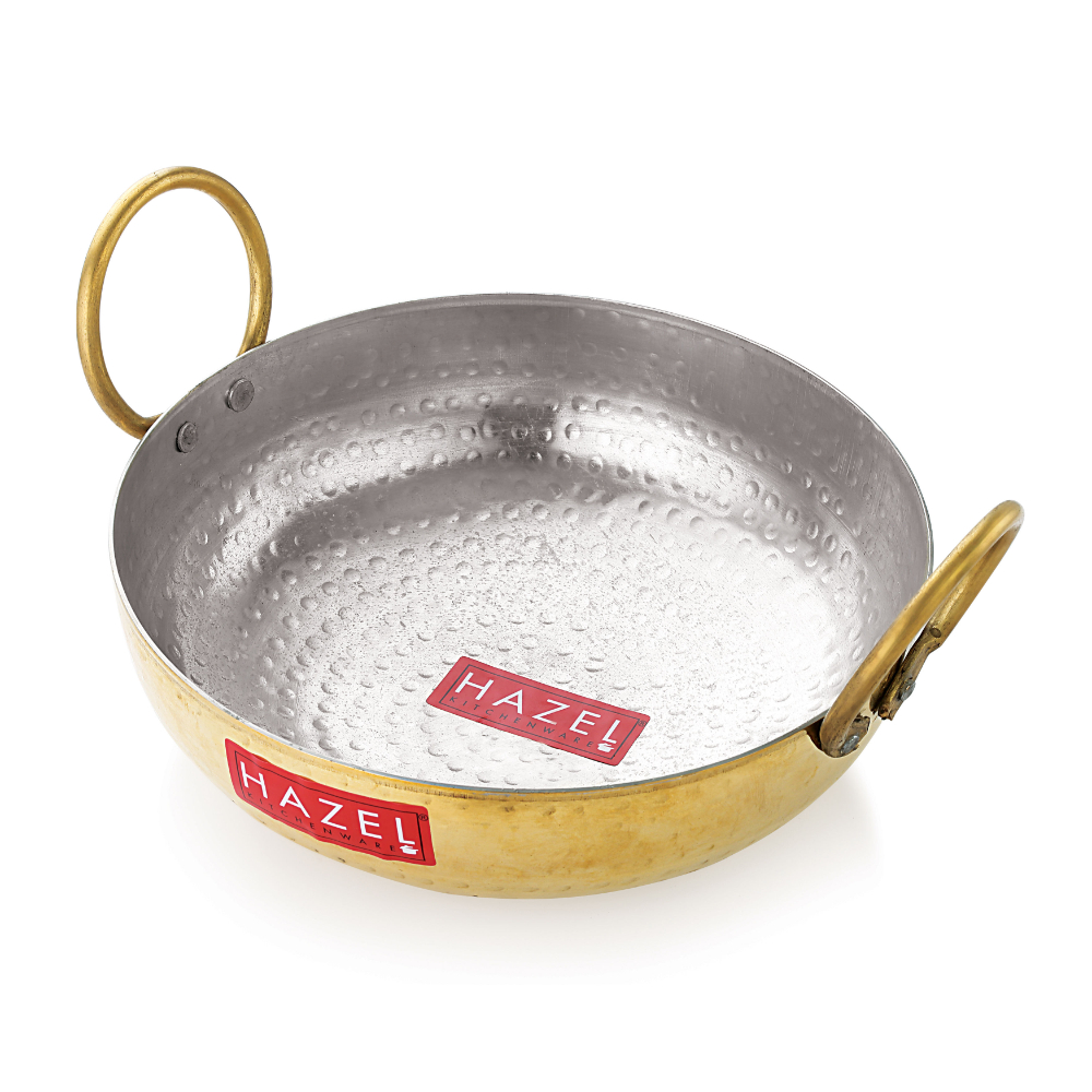 HAZEL Brass Kadai with Kalai | 100% Pure Brass Kadhai with Tin Coating | Hammered Pital Kadai for Cooking and Serving | Brass Utensils For Kitchen, 2650 ML, 24 cm