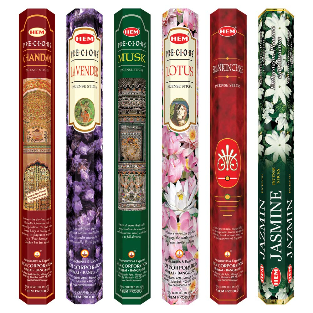HEM - Precious Combo Incense Sticks Agarbatti - Fragrances: Chandan, Lavender, Lotus, Musk, Frankincense & Jasmine - Pack of 6-180g