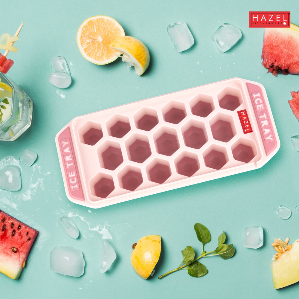 HAZEL Reusable Plastic Ice Cube Tray for Freezer with Silicone at Bottom for Easy Removal, Pink