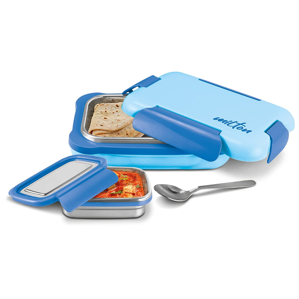 Milton More Meal Insulated Inner Stainless Steel Large Tiffin Box, 770 ml, with Inner Stainless Steel Container, 175 ml and Spoon, Blue | Food Grade | Easy to Carry | Easy to Clean