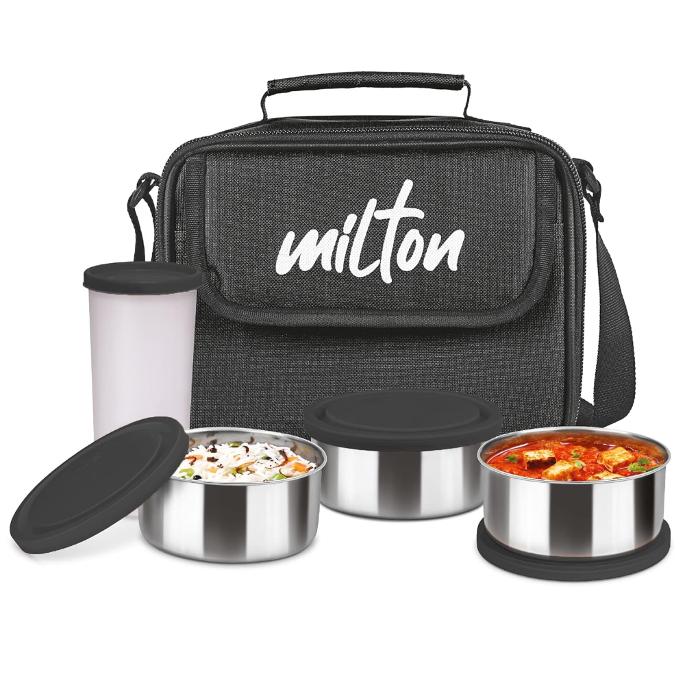 Milton New Steel Combi Leak Proof Lunch Box, 3 Containers and 1 Tumbler with Jacket, Set of 4, Black
