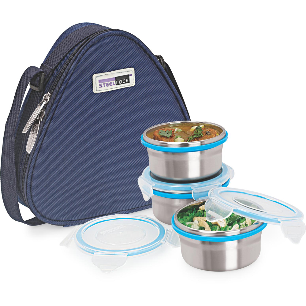Steel Lock HL- 1231 Airtight 3 pc Lock Steel Lunch / Meal Box / tiffin with insulated bag