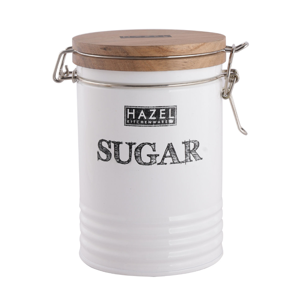 HAZEL Sugar Container with Wooden Lid for Kitchen | Sugar Storage Box For Kitchen | Food Grade Kitchen Container with Name, 1110 ML, White