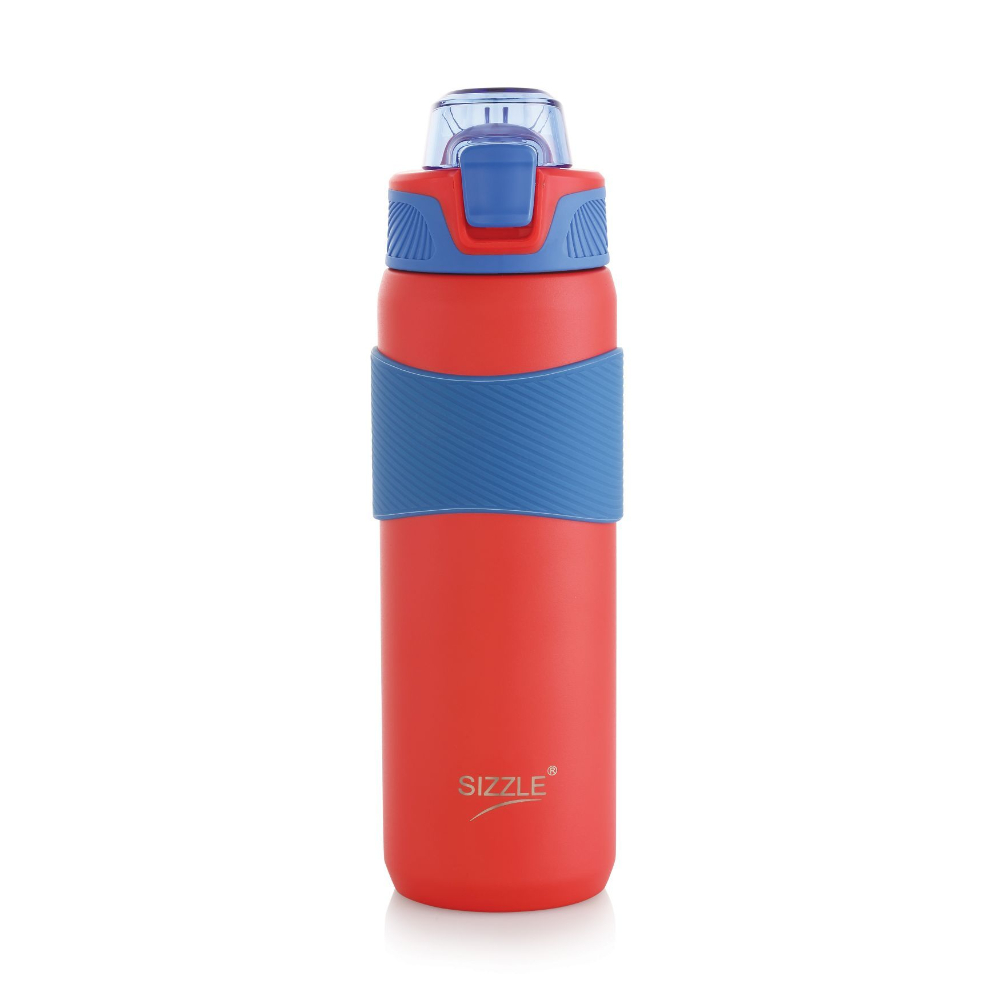 Sizzle Crest Vacuum Insulated Flask Double Wall Hot & Cold Water Bottle with Silicone Grip & Press Button Mechanism for One Hand Use | 600 ML | Sipper Bottle for Kids & Adults | Red