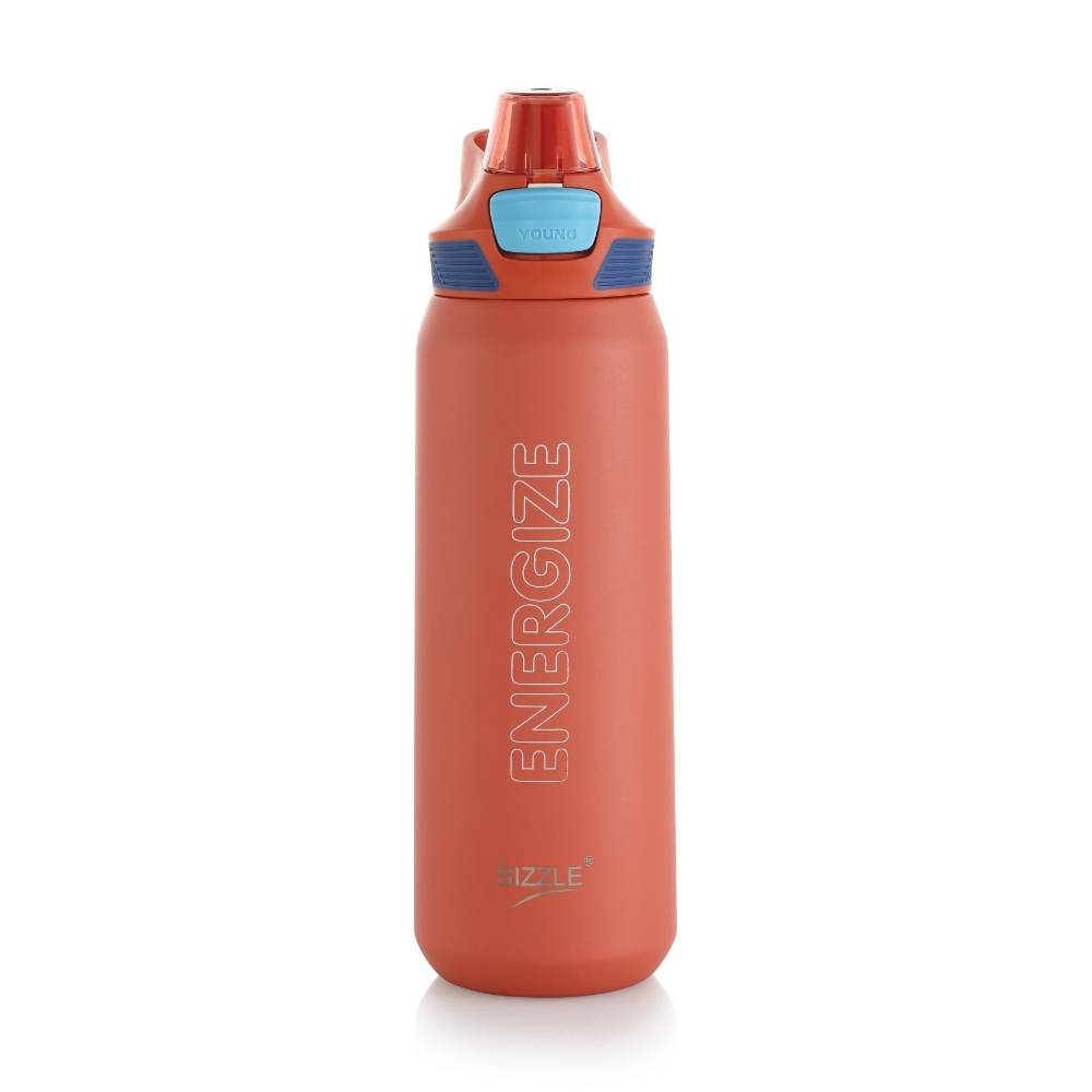 Sizzle Sinq Vacuum Insulated Flask Double Wall Hot & Cold Water Bottle with Press Button Mechanism for One Hand Use | 800 ML | Keeps 12 Hours Hot Or 24 Hours Cold | Orange