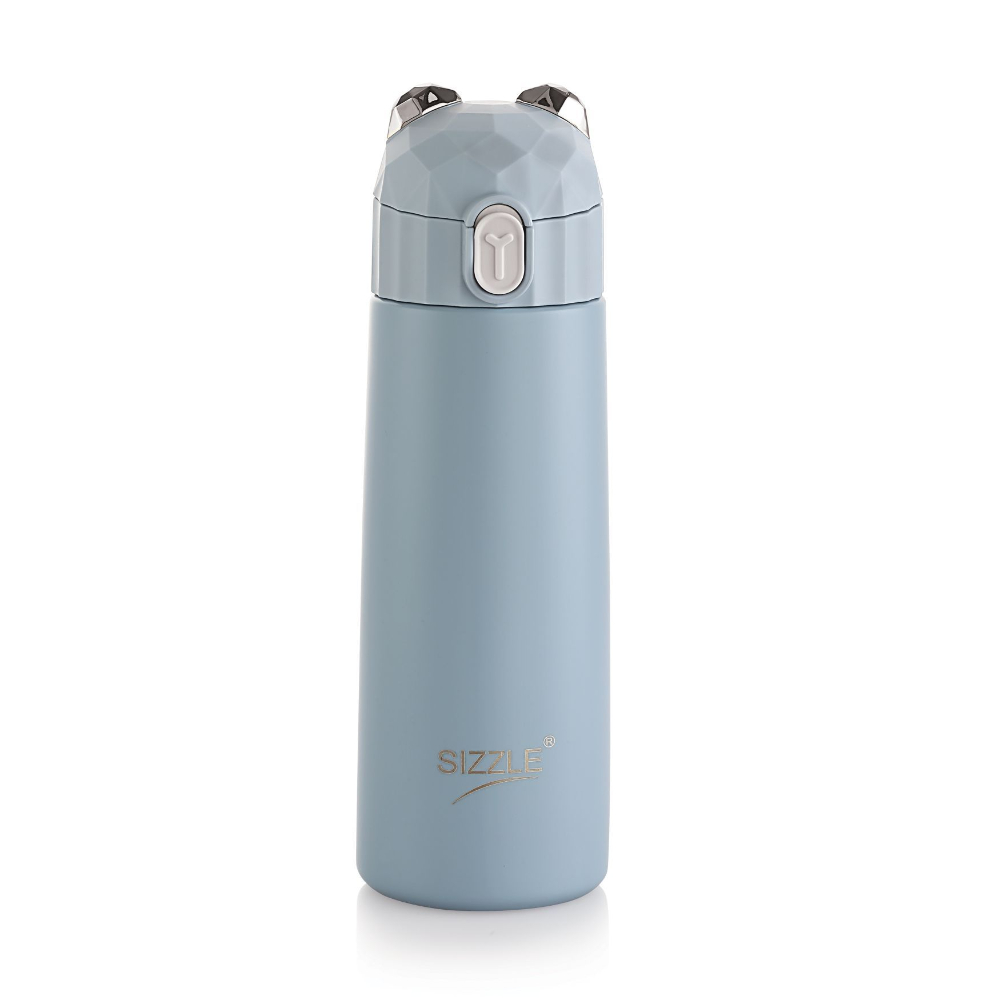 Sizzle Splash Vacuum Insulated Flask Double Wall Hot & Cold Water Bottle with Press Button Mechanism for One Hand Use | 350 ML | Fits Easily in Hand Bags & Lunch Bags | Blue