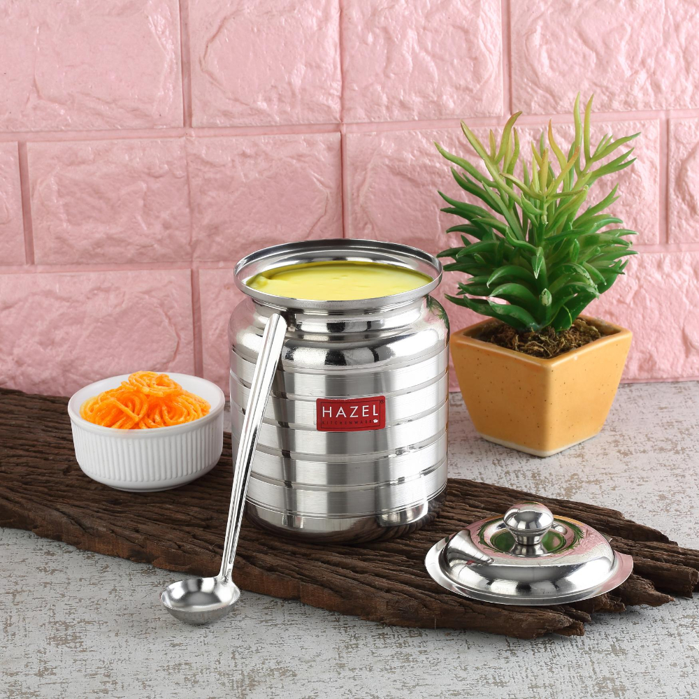HAZEL Stainless Steel Ghee Pot with Spoon | Oil Containers for Kitchen with Lid, 275 ML