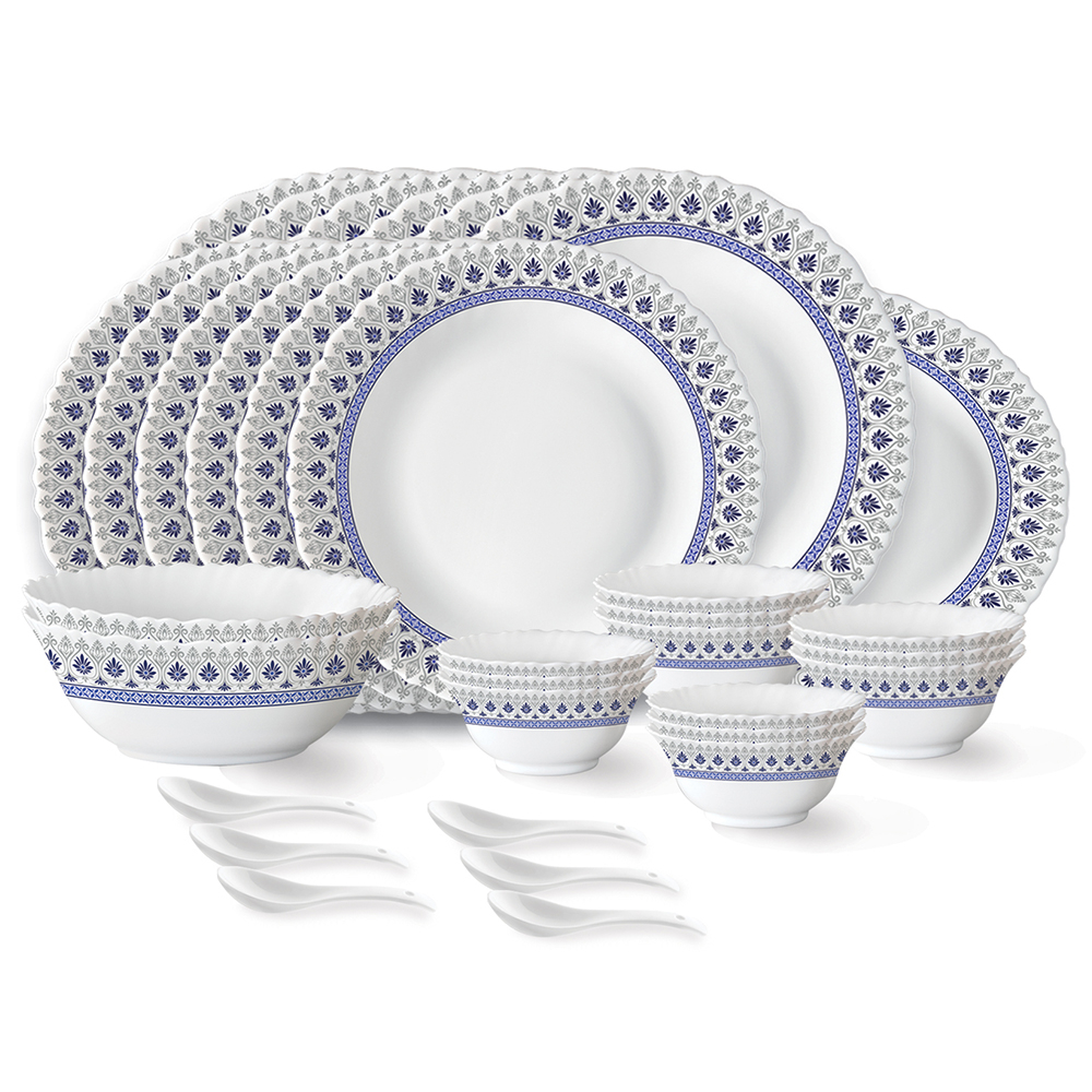 Larah by Borosil Ocean Fluted Series Opalware Dinner Set | 33 Pieces for Family of 6 | Microwave & Dishwasher Safe | Bone-Ash Free | Crockery Set for Dining & Gifting | Plates & Bowls | White