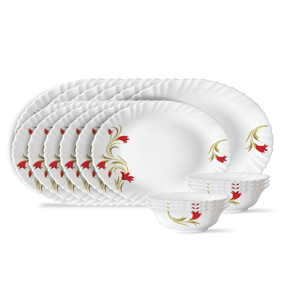 Larah by Borosil Red Lily Opalware Dinner Set, 18 Pieces, White