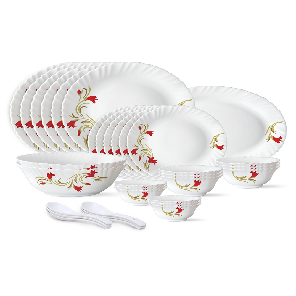 Larah by Borosil Red Lily Opalware Dinner Set, 33-Pieces, White