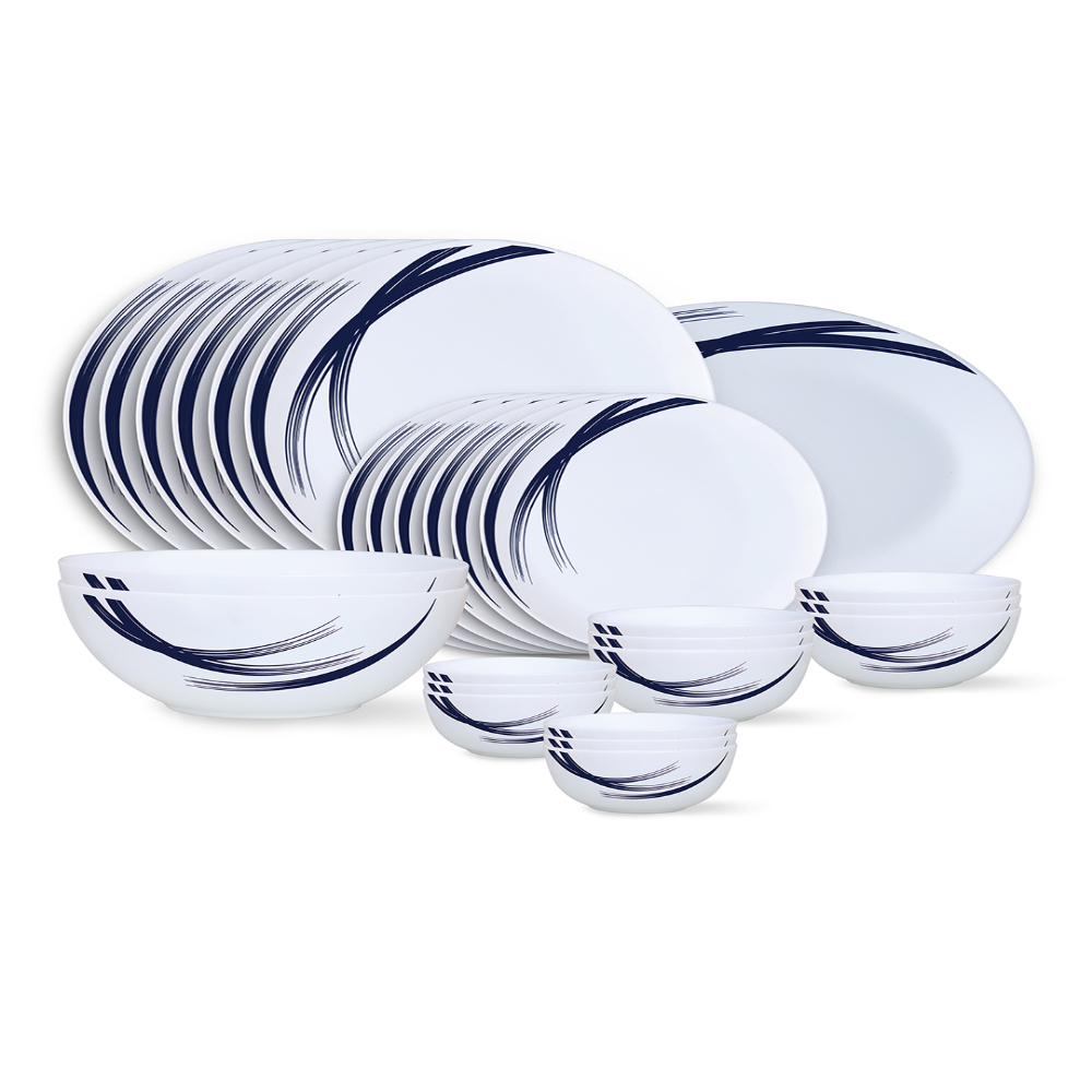Larah By Borosil - Moon Series, Indigo Stella 27 Pieces Opalware Dinner Set, White