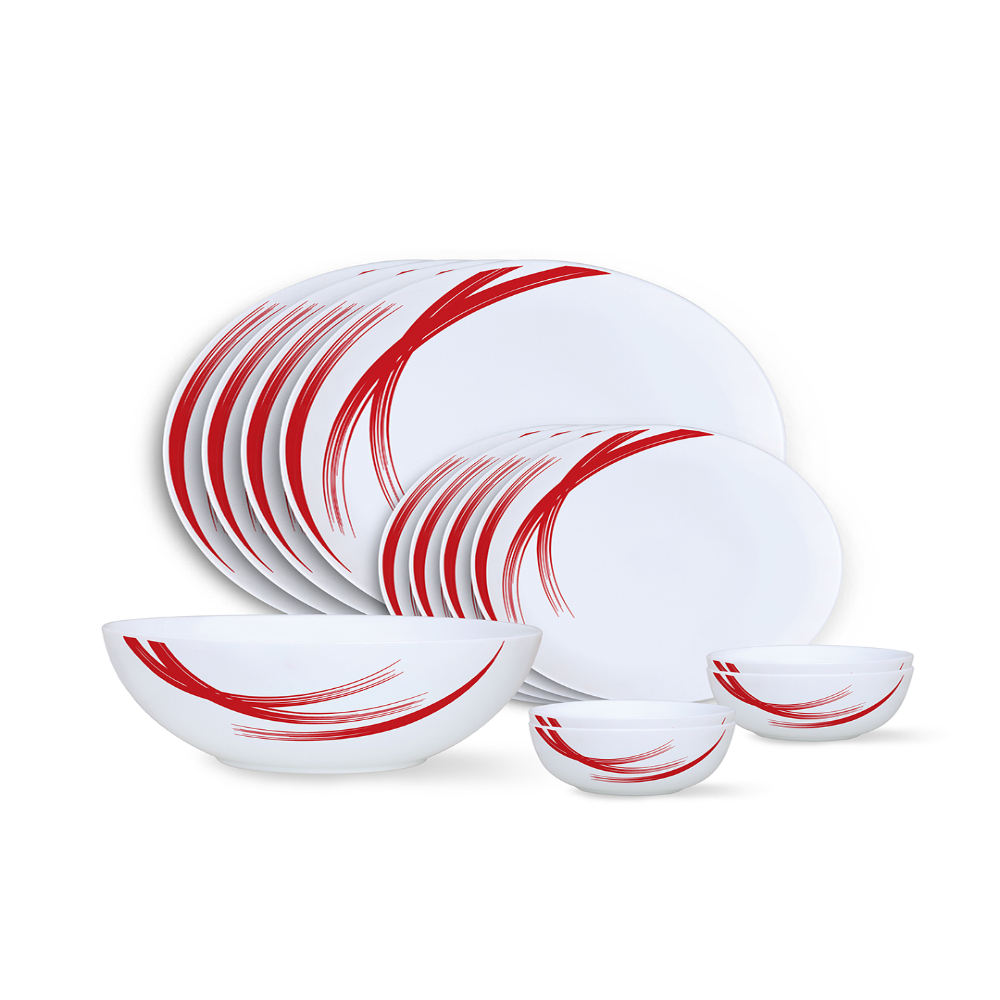 Larah by Borosil - Moon Series, Red Stella 13 Pieces Opalware Dinner Set, White