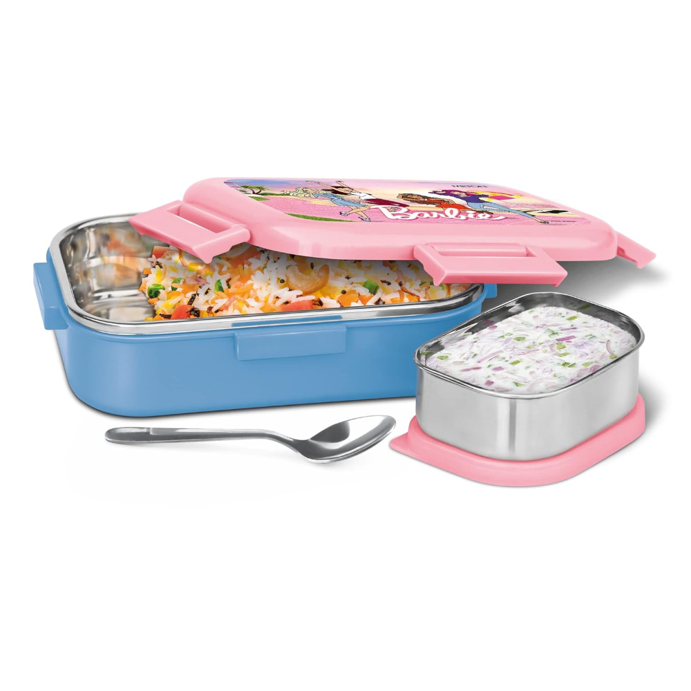 MILTON Flatmate Barbie Inner Stainless Steel Tiffin Box, 700 ml, with Inner Stainless Steel Container, 200 ml and Spoon, Blue