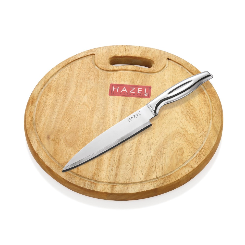 HAZEL Wooden Chopping Board for Kitchen with Stainless Steel Chef Knife, Set of 2