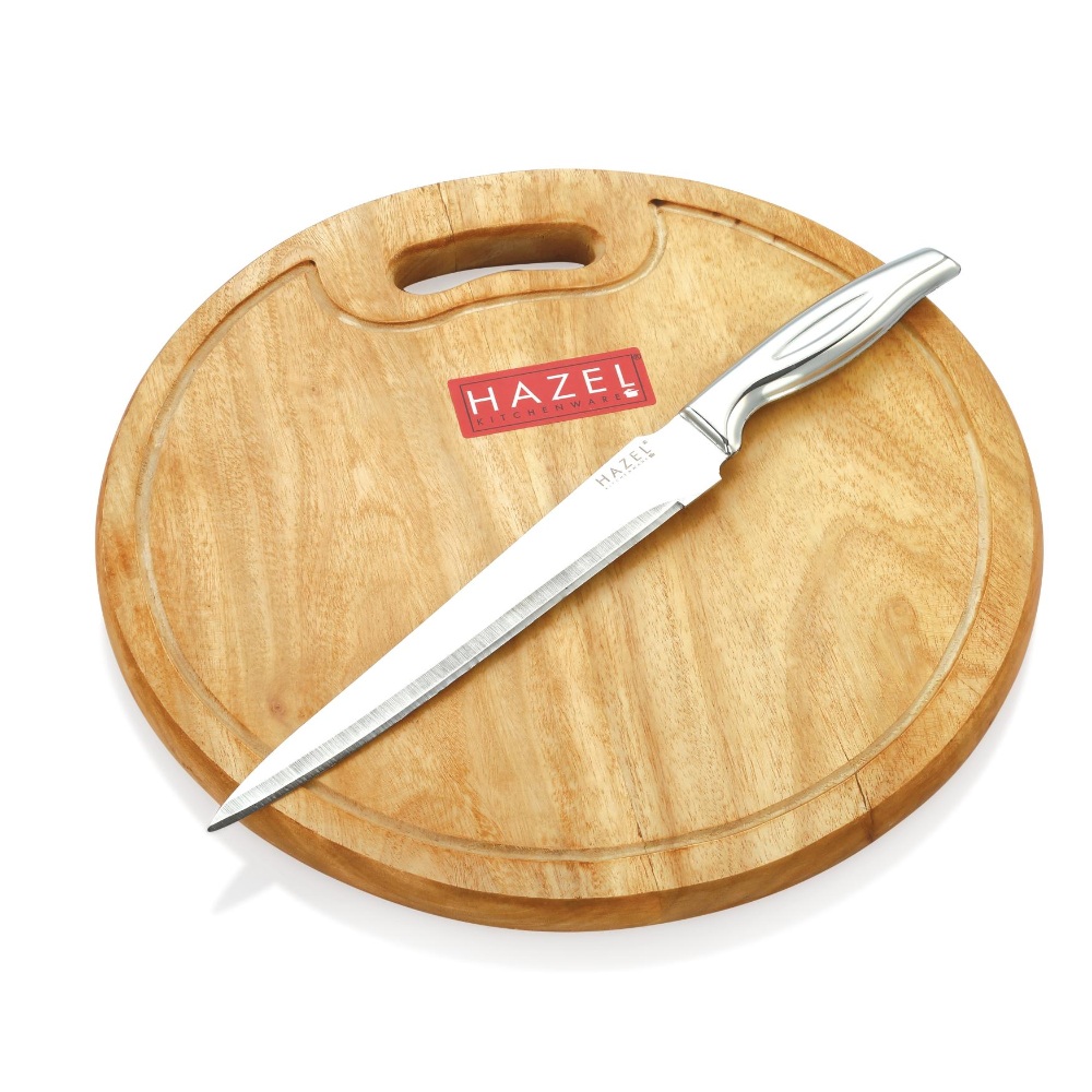 HAZEL Wooden Chopping Board for Kitchen with Stainless Steel Carving Sharp knife, Set of 2