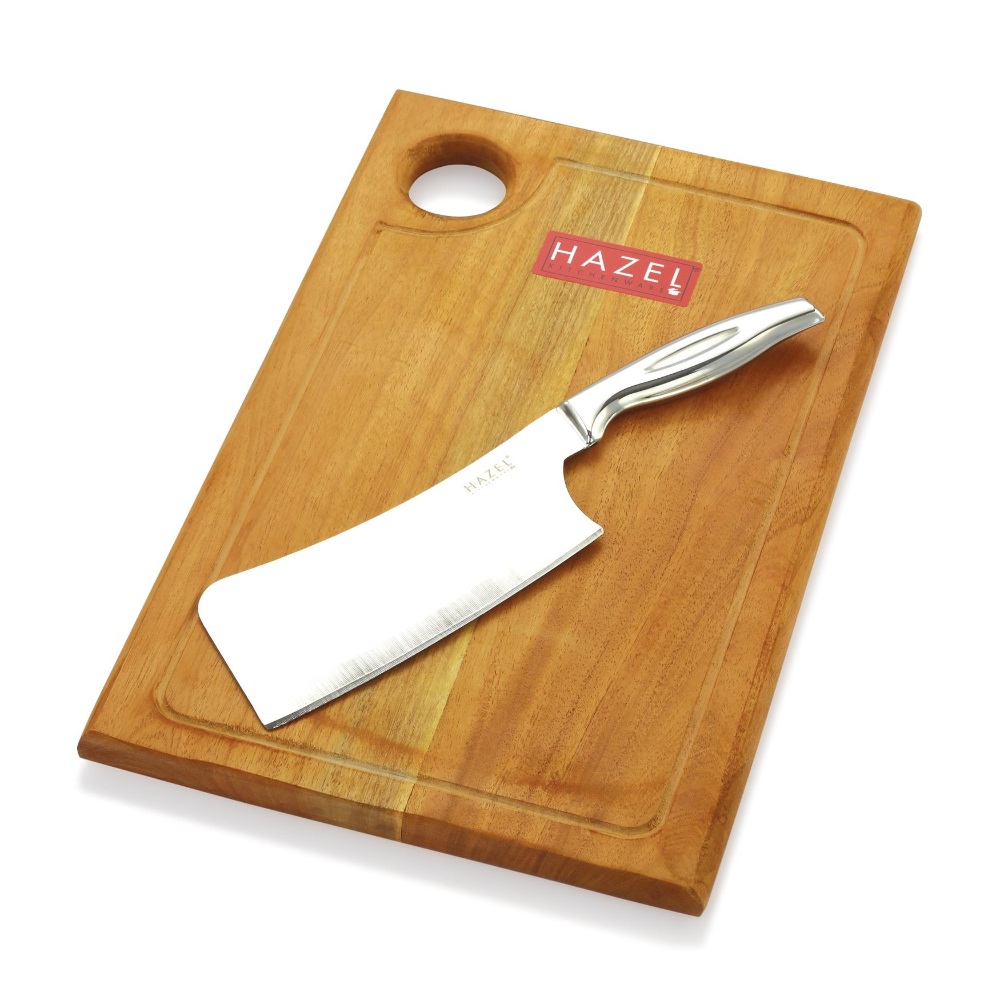 HAZEL Wooden Chopping Board for Kitchen with Stainless Steel Chopper Sharp knife, Set of 2