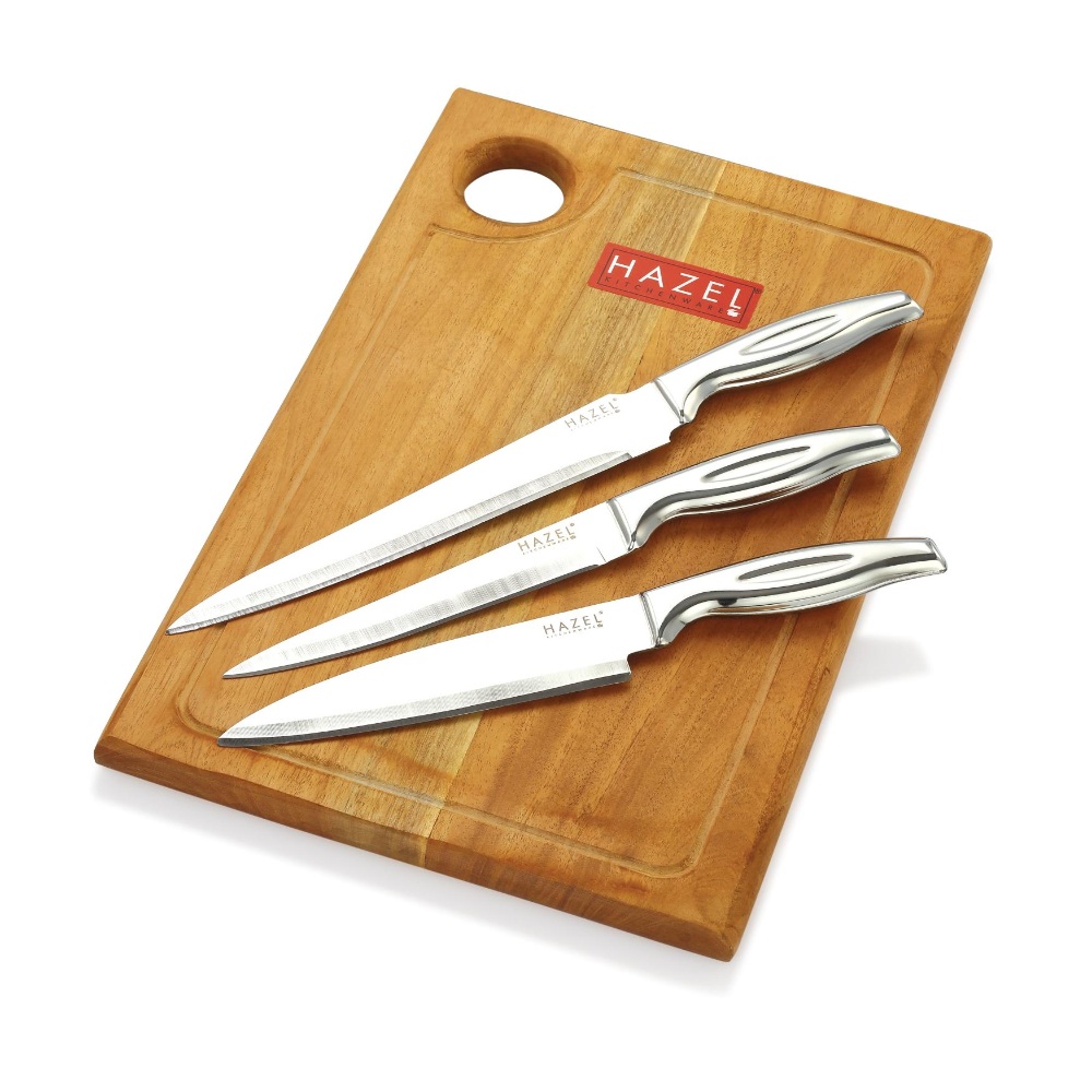 HAZEL Stainless Steel Sharp Kitchen knife Set of 4|Chef, Paring, Carving Knife & Rect Chopping Board