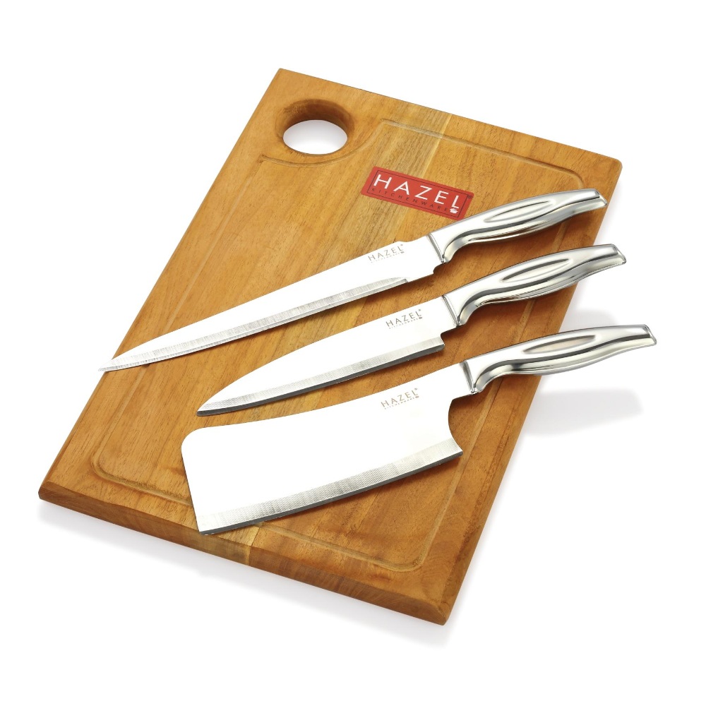 HAZEL Stainless Steel Sharp Kitchen knife Set of 4|Chef, Carving, Chopper Knife & Rect Chopping Board