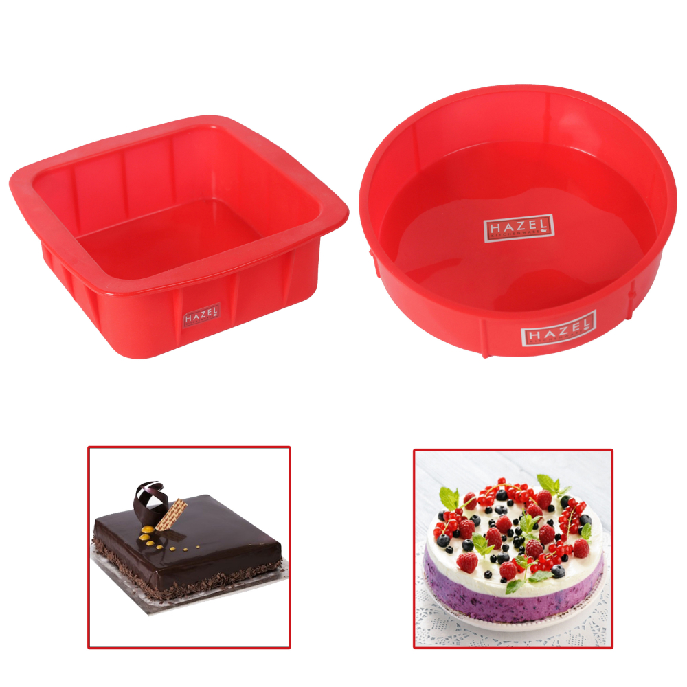 HAZEL Small Silicon Square and Round Shape Cake Mould for Half Kg, 2 Pcs, Red